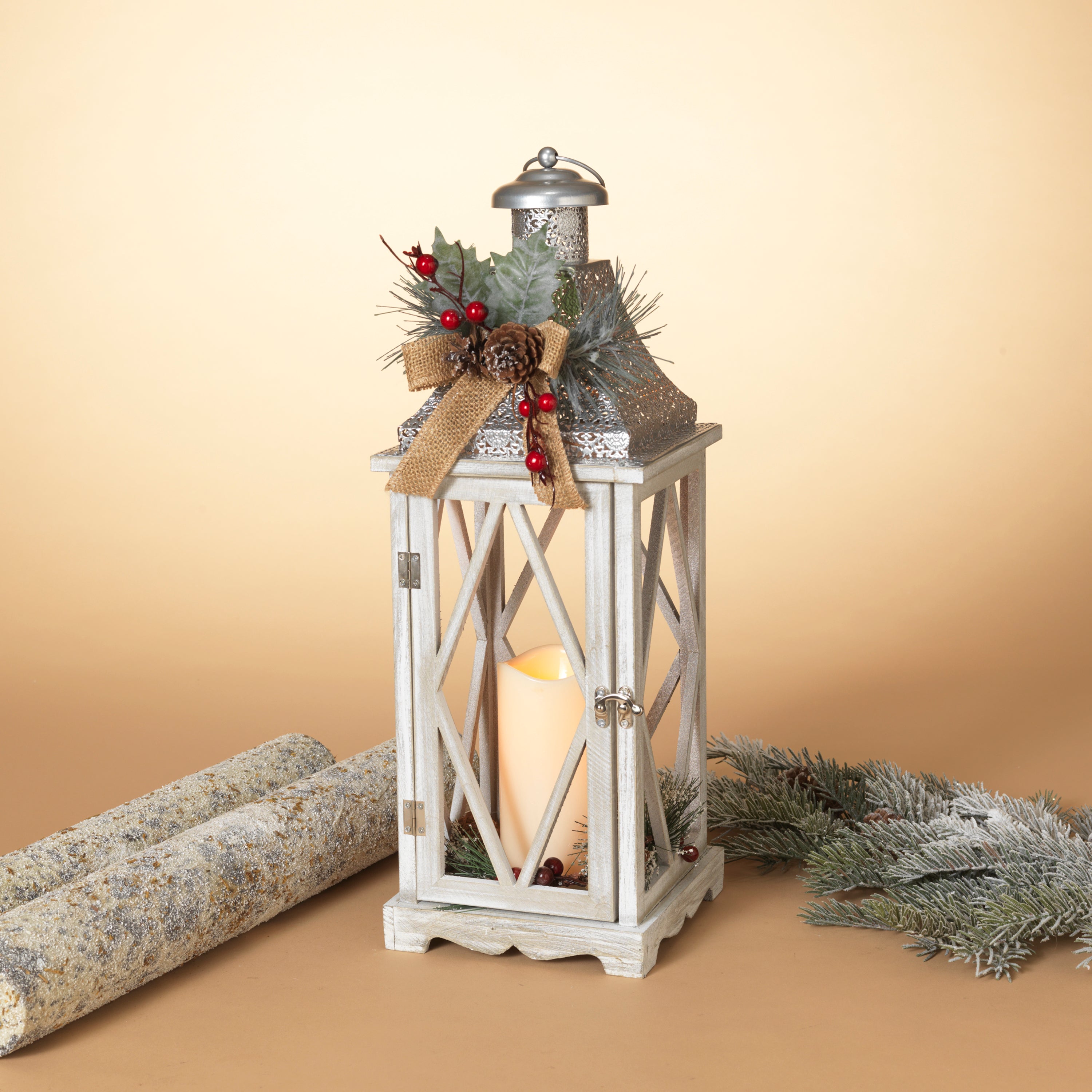 Lighted 20.5 in H Battery Operated Lighted Holiday Lantern with LED Candle and Floral adornment